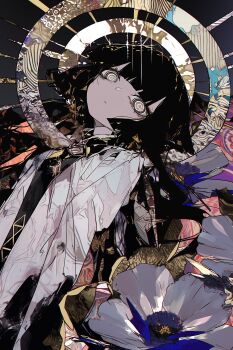 1girl absurdly_detailed_composition absurdres black_hair blunt_bangs border center-flap_bangs closed_mouth double_halo expressionless halo highres hypnosis looking_at_viewer mind_control miyakoukisima original ornate_border outdoors petals short_hair solo white_petals