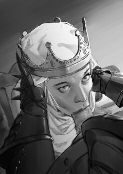 Rule 34 | 1boy, 1girl, armor, black gloves, commentary, couple, crown, dima ivanov, dress, english commentary, eyelashes, fellatio, gloves, greyscale, highres, jewelry, knight, looking up, monochrome, nose, nun headdress, oral, original, penis, pov, queen, realistic, shoulder armor, simple background, sketch, white headdress