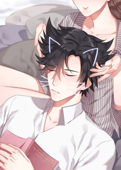 Rule 34 | 1boy, 1girl, :>, black hair, book, closed mouth, collared shirt, drawn ears, drawn whiskers, grey shirt, han jumin, head out of frame, hetero, highres, lap pillow, necktie, open book, orange sekaii, protagonist (susanghan messenger), shirt, sleeping, striped clothes, striped shirt, susanghan messenger, the miraculous journey of edward tulane, white shirt