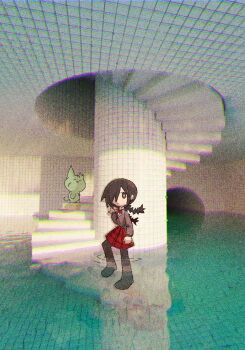 Rule 34 | 1girl, 3d background, backrooms (creepypasta), black boots, black eyes, black hair, boots, bow, bowtie, braid, bright pupils, ceiling, chromatic aberration, closed mouth, commentary request, defect mogeko, dudd ie, funamusea, funamusea (style), grey jacket, hair over one eye, hallway, highres, indoors, jacket, kurai yonaka, liminal space, looking at viewer, mogeko (species), mogeko castle, partially submerged, plaid clothes, plaid skirt, red bow, red bowtie, red skirt, skirt, spanish commentary, spiral staircase, stairs, tile ceiling, tile wall, tiles, twin braids, water, white pupils
