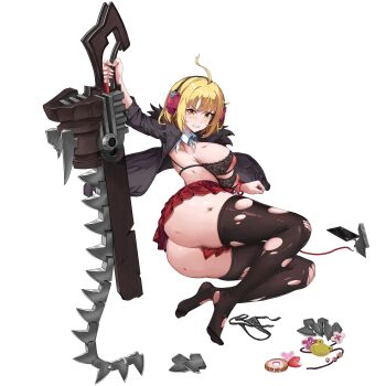 1girl ahoge ass black_bra black_jacket black_panties black_thighhighs blonde_hair blush bra bracelet breasts broken broken_phone broken_screen broken_weapon bruise bruise_on_arm bruise_on_chest chainsaw charm_(object) checkered_clothes checkered_skirt clenched_teeth collared_shirt donut flower food frog full_body fur-trimmed_jacket fur_trim hair_ornament haru_estia headphones heart highres holding holding_sword holding_weapon huge_ass injury inverted_nipples jacket jewelry lace lace-trimmed_bra lace-trimmed_panties lace_bra lace_panties lace_trim large_breasts last_origin looking_at_viewer lying micro_panties miniskirt nipple_cutout nipples non-web_source official_alternate_costume official_art on_side open_clothes open_jacket panties pink_flower pleated_skirt red_skirt shirt short_hair sideboob simple_background skirt solo soulworker sword tachi-e tearing_up teeth thick_thighs thighhighs thighs torn_clothes torn_panties torn_shirt torn_thighhighs transparent_background u-rix underboob underwear unworn_panties v-shaped_eyebrows weapon white_shirt yellow_eyes