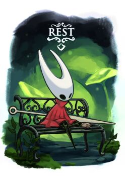 1girl arthropod_girl bench black_skin border cloak colored_skin commentary crossed_legs english_commentary fireflies full_body gameplay_mechanics hashtag-only_commentary highres hollow_eyes hollow_knight hollow_knight:_silksong horned_mask hornet_(hollow_knight) looking_ahead mask miss_kiwa moss mushroom needle_(hollow_knight) on_bench red_cloak scroll sitting solo weapon weapon_on_back weeds white_border white_mask