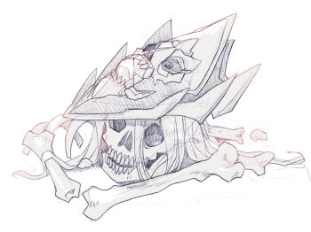 1girl @_@ bone commentary commission cracked_gemstone dang_(runescape) death duellist's_cap_(tier_6) english_commentary gameplay_mechanics hat highres old_school_runescape original parororo ribs runescape second-party_source simple_background skull teeth