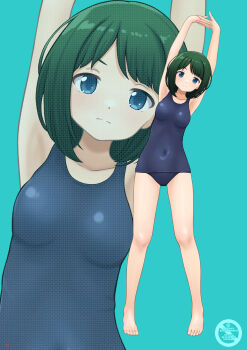 1girl absurdres arms_up blue_background blue_eyes blue_one-piece_swimsuit breasts commentary_request commission covered_navel expressionless full_body green_eyes highres looking_at_viewer medium_breasts multiple_views nao_suke old_school_swimsuit one-piece_swimsuit original school_swimsuit short_hair skeb_commission standing stretching swimsuit upper_body