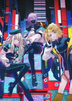 1boy 2girls :p akanbe aqua_streaks asymmetrical_sidelocks black_boots black_bow black_dress black_gloves black_mask black_pants black_shirt black_shoes black_shrug blonde_hair blowing_bubble_gum blue_eyes boots bow breasts building chest_belt chewing_gum closed_mouth clothing_cutout commentary_request copyright_notice crossed_legs crt dress eyelid_pull eyewear_on_head fingerless_gloves glitch glove_cutout gloves green_hair grey_hair guest_art gyakkou_no_lens_flare_(project_sekai) hair_between_eyes hair_bow hair_flaps hair_ornament hairclip hakusai_(tiahszld) half_gloves handheld_game_console highres holding holding_handheld_game_console jacket kagamine_rin kamishiro_rui kusanagi_nene leg_up long_hair long_sidelocks long_sleeves looking_at_viewer low-tied_sidelocks mask mouth_mask multicolored_hair multiple_girls nail_polish off-shoulder_jacket off_shoulder official_alternate_costume official_art open_clothes open_jacket orange-tinted_eyewear pants parallel_hairclips partially_open_jacket project_sekai purple_eyes purple_hair round_eyewear sekai_symphony shirt shoes short_dress short_hair shrug_(clothing) sidelocks sitting sleeve_zipper small_breasts sparkle_hair_ornament standing streaked_hair television thigh_strap tinted_eyewear tongue tongue_out unzipped vocaloid white_jacket wonderlands_x_showtime_rin yellow-framed_eyewear yellow_eyes yellow_nails