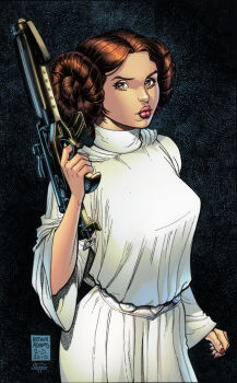 1girl arthur_adams artist_collaboration brown_eyes brown_hair double_bun dress gun hair_bun holding holding_gun holding_weapon jeremiah_skipper looking_at_viewer princess_leia signature solo star_wars star_wars:_a_new_hope weapon white_dress