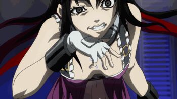 animated animated_gif black_eyes black_hair breasts cleavage collar crazy deadman_wonderland long_hair lowres piercing takami_minatsuki tongue tongue_piercing