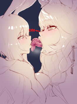 2girls absurdres amiya_(arknights) animal_ears arknights barbed_tongue blush braid eye_contact half-closed_eyes highres hitobashira_(1746164306) kiss_focus licking licking_another's_face limited_palette long_hair long_tongue looking_at_another multiple_girls pramanix_(arknights) rabbit_ears rabbit_girl short_hair size_difference sketch snow_leopard_ears snow_leopard_girl tongue turtleneck yuri