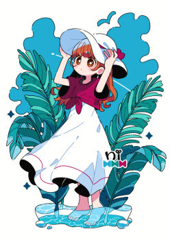 1girl bow brown_eyes brown_hair commentary curly_hair dress full_body hands_on_headwear hat long_hair looking_at_viewer nagino_nichiko original plant short_sleeves solo symbol-only_commentary water