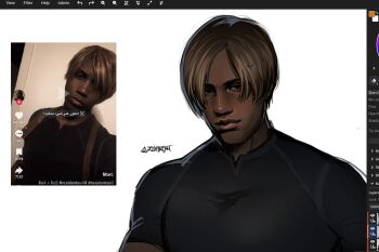 1boy aegyo_sal alternate_skin_color arabic_text art_program_in_frame artist_name black_eyes black_shirt brown_hair commentary compression_shirt covered_pectorals dark-skinned_male dark_skin darkened_skin english_commentary forehead highres large_pectorals leon_s._kennedy lips looking_at_viewer magma_(medium) magma_(software) middle_part nose parted_bangs pectorals photo_inset realistic reference_inset resident_evil resident_evil_4 shirt short_hair short_sleeves simple_background solo taut_clothes taut_shirt tear_troughs tight_clothes tight_shirt tiktok toned toned_male upper_body very_dark_skin very_short_hair white_background zombiyh