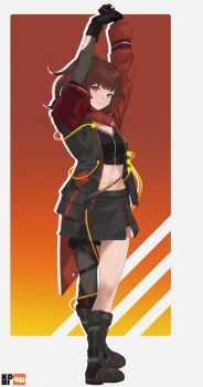 1girl arms_up artist_logo artist_name black_boots black_gloves black_shirt boots border breasts brown_hair closed_mouth commentary commission english_commentary full_body gloves gradient_background grey_jacket grey_pantyhose grey_skirt hanabi_ichijou highres jacket kobi420 logo long_hair long_sleeves looking_at_viewer midriff multiple_thigh_straps navel open_clothes open_jacket outline pantyhose pocket ponytail purple_eyes red_background scarlet_nexus shirt short_sleeves single_leg_pantyhose skirt small_breasts smile solo standing thigh_strap white_border white_outline yellow_background zipper