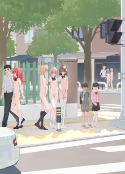 3boys 6+girls absurdres bare_arms bare_legs bare_shoulders black_bow black_bowtie black_hair black_pants black_skirt black_thighhighs blonde_hair bob_cut bollard bow bowtie breasts brown_hair building car city clothed_male_nude_female collarbone crosswalk day duplicate exhibitionism fence flat_chest frilled_socks frills full_body grey_shirt groin highres jacket loafers long_hair medium_hair motor_vehicle multiple_boys multiple_girls navel nipples nude original outdoors pants penny_loafers pink_hair pink_jacket public_indecency public_nudity purple_eyes red_eyes red_hair road scenery shirt shoes short_hair shorts sidewalk skirt small_breasts sneakers socks standing straight-on street t-shirt thighhighs traffic_light tree walking white_socks white_thighhighs wide_shot xiao_lin_jiu