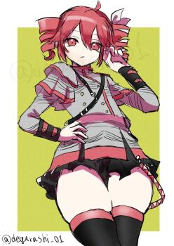 1girl black_thighhighs buttons closed_mouth collared_shirt degarashi_01 double-breasted drill_hair frown grey_shirt grey_skirt hair_between_eyes hair_ribbon hand_on_own_hip hand_up kasane_teto kasane_teto_(sv) layered_shirt long_sleeves red_eyes red_hair ribbon shirt short_hair skirt solo synthesizer_v thighhighs twin_drills twitter_username white_ribbon zettai_ryouiki