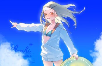 1girl bikini blonde_hair blue_bikini blue_sky blush cloud commentary_request flat_chest gakuen_idolmaster hood hoodie idolmaster long_hair orange_eyes outstretched_arm pointing shine_asahi shinosawa_hiro sky smile solo sunlight sweat swimsuit wind