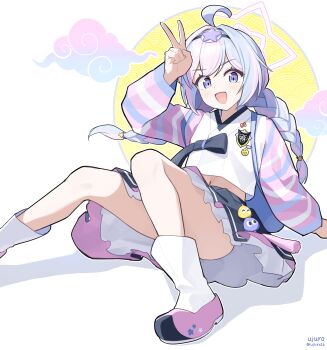 1girl :d absurdres ahoge alternate_costume arm_behind_back black_skirt blue_archive blue_hair blue_nails blush boots braid cloud commentary_request convenient_leg foot_out_of_frame frilled_skirt frills hair_between_eyes hair_intakes hair_ornament halo hanbok hand_up happy highres korean_clothes korean_commentary long_hair looking_at_viewer low_twintails midriff miniskirt multicolored_boots multicolored_hair nail_polish navel new_year open_mouth pink_boots pink_hair pink_halo purple_eyes reisa_(blue_archive) shadow shirt sidelocks simple_background sitting skirt smile solo star_(symbol) star_hair_ornament star_halo streaked_hair striped_sleeves thighs trinity_general_school_logo twin_braids twintails twitter_username two-tone_boots two-tone_hair ujuro v v-shaped_eyebrows white_background white_boots white_shirt