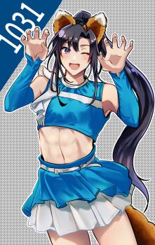 1boy ;d abs ahoge alternate_costume animal_ears aslle bare_shoulders belt black_hair blue_shirt blue_skirt blush cheerleader claw_pose commentary_request cowboy_shot crop_top crossdressing crossdressing_(mtf) dated detached_sleeves fake_animal_ears fake_tail fox_ears fox_tail hair_between_eyes hands_up highres layered_skirt long_hair long_sleeves looking_at_viewer male_focus midriff miniskirt modao_zushi navel one_eye_closed open_mouth pleated_skirt ponytail purple_eyes shirt sidelocks skirt sleeveless sleeveless_shirt smile solo standing stomach tail trap very_long_hair wei_wuxian white_belt
