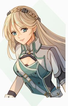 Rule 34 | 1girl, blonde hair, braid, bun with braided base, commentary request, crown braid, eiyuu densetsu, elaine auclair, green eyes, hair between eyes, hair bun, highres, kuro no kiseki (series), kuro no kiseki i, long hair, looking at viewer, parted bangs, riwancece 428, simple background, smile