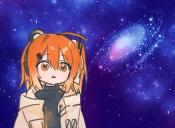 1girl a.i._voice adachi_rei ahoge black_shirt blank_stare diffraction_spikes galaxy galaxy_background gradient_hair hair_ribbon headlamp headphones hood hood_down hooded_jacket jacket medaka_h2 medium_hair meme multicolored_hair one_side_up open_clothes open_jacket orange_eyes orange_hair radio_antenna ribbon shirt solo space space_cat_(meme) triangle_mouth turtleneck upper_body utau white_jacket white_ribbon