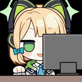 1girl :d animal_ear_headphones animal_ears animated animated_gif aqua_necktie blonde_hair blood blood_from_mouth blue_archive blunt_bangs blunt_ends blush_stickers bow cat_ear_headphones cat_ears chibi chibi_only chunye_haruya collared_shirt commission computer computer_mouse desk dot_nose fake_animal_ears green_bow green_eyes green_halo green_jacket hair_bow halo headphones holding_computer_mouse hood hooded_jacket jacket low-tied_sidelocks lowres medium_hair midori_(blue_archive) missing_commentary monitor necktie no_pupils open_clothes open_jacket open_mouth parted_bangs school_uniform second-party_source shaded_face shirt sidelocks simple_background smile solo transparent_background upper_body v-shaped_eyebrows white_shirt