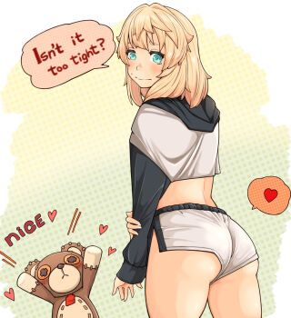 Rule 34 | 1boy, ass, bike shorts, blonde hair, blue eyes, bridget (guilty gear), cropped jacket, flustered, from behind, guilty gear, guilty gear strive, heart, highres, hood, male focus, roger (guilty gear), speech bubble, stuffed animal, stuffed toy, sugajyun, teddy bear