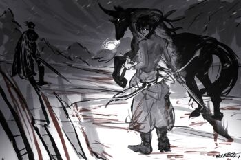1boy 1other absurdres baggy_pants black_eyes blood blood_splatter bow_(weapon) cape greyscale highres holding holding_sword holding_weapon horns horse knight looking_at_viewer looking_back monochrome omegaa_7 pants ribs shadow_slave sketch sunny_(shadow_slave) sword topless_male weapon