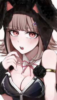 1girl :o animal_ears artist_name bare_shoulders black_leotard blush breasts brown_hair cleavage danganronpa_(series) danganronpa_2:_goodbye_despair detached_collar fake_animal_ears flipped_hair hair_ornament highres large_breasts leotard medium_hair mole mole_on_breast nanami_chiaki pink_eyes rabbit_ears smile teeth upper_teeth_only