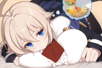 1girl ahoge ballardiae1007 blazblue blazblue:_central_fiction blonde_hair blue_eyes braid breasts dress es_(xblaze) food frills hair_between_eyes highres huge_ahoge large_breasts long_hair long_sleeves looking_at_viewer necktie red_necktie single_braid solo speech_bubble sweets thought_bubble