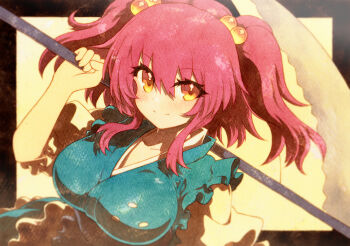 1girl blue_vest blush breasts closed_mouth collarbone hair_between_eyes highres holding holding_scythe large_breasts looking_at_viewer medium_hair onozuka_komachi orange_eyes red_hair rinka_(qqqrinkappp) scythe shirt short_sleeves smile solo touhou two_side_up upper_body vest white_shirt