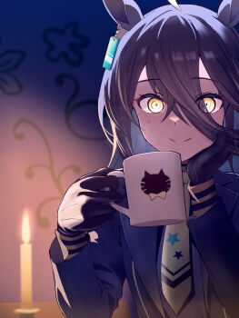 1girl ahoge amenu_415 animal_ears black_choker black_coat black_gloves black_hair black_shirt candle choker closed_mouth coat coffee_mug collared_shirt commentary_request cup ear_tag earrings fire gloves hair_between_eyes highres holding holding_cup horse_ears horse_girl jewelry long_bangs long_hair long_hair_between_eyes long_sleeves looking_at_viewer manhattan_cafe_(creeping_shadow)_(umamusume) manhattan_cafe_(umamusume) mug multicolored_hair necktie shirt single_earring smile solo umamusume white_hair yellow_eyes yellow_necktie