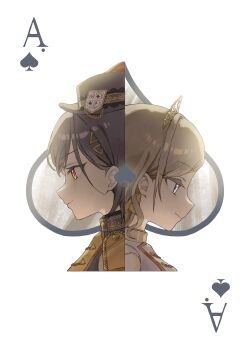 Rule 34 | 2girls, 5th live tour ~4pair power spread!!!!~, absurdres, ace (playing card), ace of spades, blue eyes, card, card (medium), ceras yanagida lilienfeld, closed mouth, commentary, drive spade crazy, edel note, edelied, gold tiara, grey hair, hair ornament, hair ribbon, highres, katsuragi izumi, link! like! love live!, long hair, love live!, multiple girls, official alternate costume, orange eyes, playing card, playing card (medium), profile, ribbon, side ponytail, smile, spade (shape), sunkeun, symmetry, triangle hair ornament, virtual youtuber, yellow ribbon