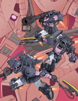 absurdres aiming bazooka_(gundam) black_tri-stars cable commentary english_commentary gun gundam heat_hawk highres machine_gun machinery mecha mecha_focus mobile_suit mobile_suit_gundam_the_origin no_humans one-eyed robot science_fiction shield shoulder_spikes spikes thrusters user_mhyx7458 weapon zaku_ii zaku_ii_hmt_black_tri-stars_custom zaku_ii_s_char_custom zeon