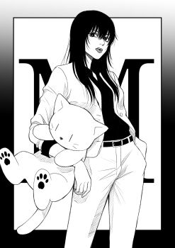 1girl absurdres belt cowboy_shot greyscale highres holding holding_stuffed_toy jacket long_hair long_sleeves looking_at_viewer monochrome mugennitaberu necktie open_clothes open_jacket open_mouth original shirt short_necktie solo standing stuffed_animal stuffed_cat stuffed_toy suit_jacket tongue tongue_out