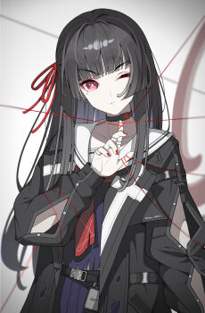 1girl absurdres arm_cutout black_choker black_hair black_jacket black_serafuku blunt_bangs chisa_(wuthering_waves) choker clothing_cutout commentary dao_qie hair_ribbon hand_up highres jacket light_blush long_hair long_sleeves looking_at_viewer mole mole_under_eye muted_color nail_polish neckerchief one_eye_closed red_eyes red_nails red_neckerchief red_ribbon revision ribbon sailor_collar school_uniform serafuku solo string string_of_fate upper_body white_sailor_collar wuthering_waves