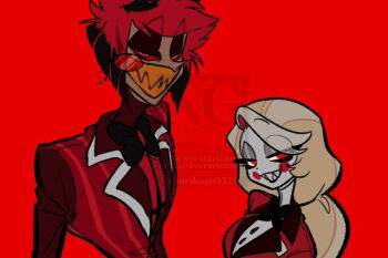 Rule 34 | 1boy, 1girl, alastor (hazbin hotel), blonde hair, charlie morningstar, colored sclera, commentary request, evil grin, evil smile, formal clothes, grin, hazbin hotel, height difference, hellaverse, long hair, looking at viewer, monocle, red background, red eyes, red sclera, short hair, simple background, smile, suit, torikago 0226, upper body