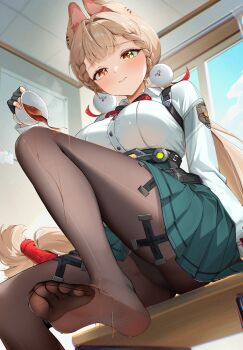 1girl alice_thymefield animal_ear_fluff animal_ears black_gloves black_panties blonde_hair blue_sky blush breasts brown_pantyhose closed_mouth cloud commentary_request cup feet fingerless_gloves gloves green_skirt hair_ornament heterochromia highres holding holding_cup indoors large_breasts leg_up long_hair low_twintails panties pantyhose rabbit_ears rabbit_girl radoremo red_eyes shirt shirt_tucked_in sitting skirt sky solo sphere_hair_ornament spilling tea toes twintails underwear white_shirt window yellow_eyes zenless_zone_zero