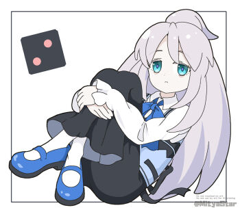 1girl :< black_skirt blue_eyes blue_shoes blue_vest closed_mouth collared_shirt commentary_request cosplay crossed_legs deux_murasame dice employee_uniform english_text full_body gochuumon_wa_usagi_desu_ka? grey_hair gundam gundam_gquuuuuux hugging_own_legs kafuu_chino kafuu_chino_(cosplay) knees_up long_hair long_sleeves mitya pale_skin pantyhose puffy_long_sleeves puffy_sleeves rabbit_house_uniform shirt shoes skirt sleeves_past_wrists solo twitter_username very_long_hair vest watermark white_background white_pantyhose white_shirt