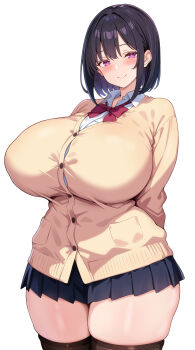 1girl arms_behind_back black_hair black_thighhighs blue_skirt blush bow bowtie breasts button_gap cardigan huge_breasts lips medium_hair miniskirt mitomumitomu original pink_eyes school_uniform shirt skindentation skirt smile solo standing thick_thighs thighhighs thighs white_background white_shirt wide_hips yellow_cardigan zettai_ryouiki