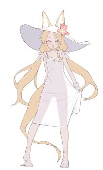 1girl absurdres alternate_costume alternate_hairstyle animal_ears blue_archive choker commentary dress english_commentary flower fox_ears fox_girl full_body hair_ribbon hat hat_flower highres holding_own_dress legs_apart low_twintails open_mouth ribbon s10021 sandals scrunchie see-through_clothes see-through_dress seia_(blue_archive) simple_background sketch smile solo standing straight-on sun_hat sundress tail twintails white_background white_choker white_dress white_hat white_ribbon wrist_scrunchie yellow_eyes