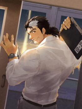 1boy bara belt brown_hair cigarette commentary_request cowboy_shot facial_hair from_behind goatee_stubble highres holding holding_notebook long_sideburns male_focus mature_male mononobe_kyoma multicolored_hair muscular muscular_male notebook open_door school sideburns smile smoking solo sparse_arm_hair standing streaked_hair stubble thick_eyebrows tokyo_houkago_summoners watch white_hair wristwatch yusuke_(yu_suke_001)