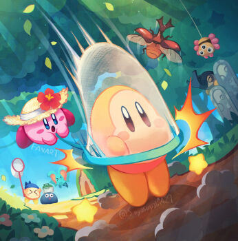 >_< :o bandana bandana_waddle_dee blue_bandana blue_eyes blush_stickers brown_eyes butterfly_net catching commentary_request elfilin flower gooey_(kirby) grass hand_net hat hat_flower holding holding_butterfly_net kirby kirby_(series) leaf nintendo no_humans open_mouth outdoors path rhinoceros_beetle road star_(symbol) straw_hat suyasuyabi twitter_username waddle_dee