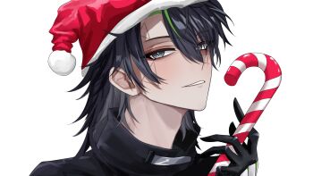 1boy absurdres black_gloves black_hair black_jacket candy candy_cane christmas colored_inner_hair commentary english_commentary eyeshadow facial_mark food gloves green_hair green_pupils grey_hair hair_between_eyes hair_over_one_eye hand_up hat high_collar highres holding holding_candy holding_candy_cane holding_food indie_virtual_youtuber jacket light_smile makeup male_focus multicolored_hair parted_lips pom_pom_(clothes) portrait red_eyeshadow red_hat ryota_ryu santa_hat second-party_source short_hair simple_background slit_pupils solo streaked_hair suimachine teeth triangle triangle_facial_mark tsurime virtual_youtuber white_background