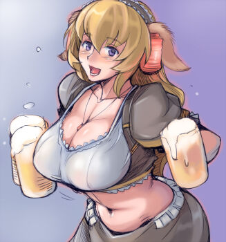 Rule 34 | 1girl, alcohol, animal ears, barmaid, beer, beer mug, blonde hair, blush, breasts, cleavage, collarbone, cup, daiginjou, dirndl, dog ears, female focus, futaba channel, german clothes, headdress, jewelry, lantern, large breasts, midriff, mug, navel, oktoberfest, open mouth, pendant, purple eyes, solo, traditional clothes, tsuda nanafushi, underbust, wet, wet clothes