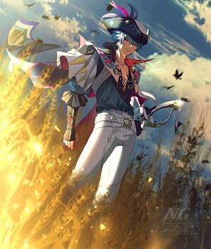 1boy blue_hair blue_shirt blue_sky brant_(wuthering_waves) cloud cloudy_sky commentary day english_commentary hair_between_eyes hat hat_feather highres male_focus multicolored_hair open_clothes open_shirt outdoors pants parted_lips pink_eyes sae_naiyatsu shirt short_hair sky smile solo standing streaked_hair sword tacet_mark_(wuthering_waves) tricorne watermark weapon wheat_field white_pants wuthering_waves