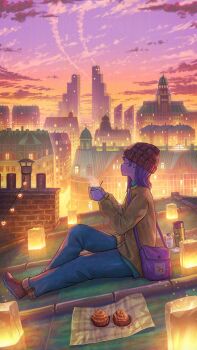 1girl bag beanie blue_pants brown_hair building city closed_eyes closed_mouth cloud coffee commentary_request cup denim evening gradient_sky handbag hat highres holding holding_cup jeans lantern long_hair orange_sky orange_sweater original pants pasoputi pink_bag pink_sky purple_sky scenery scone sitting sky sweater thermos twilight