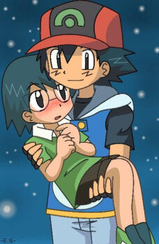 2boys ash_ketchum baseball_cap black_hair blush carrying carrying_person endless-rainfall glasses green_shirt green_shoes hat male_focus max_(pokemon) multiple_boys nintendo pokemon pokemon_(anime) pokemon_rse_(anime) princess_carry shirt shoes shorts smile