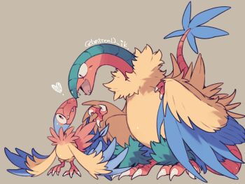 Rule 34 | archen, archeops, artist name, claws, evolutionary line, gen 5 pokemon, grey background, highres, looking at another, mamebato, nintendo, no humans, open mouth, pokemon, pokemon (creature), simple background