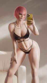 1girl abs absurdres bad_tag blue_eyes breasts fugtrup highres holding holding_phone large_breasts lingerie lipstick makeup manon_legrand muscular muscular_female phone pink_hair solo street_fighter street_fighter_6 toned toned_female underwear