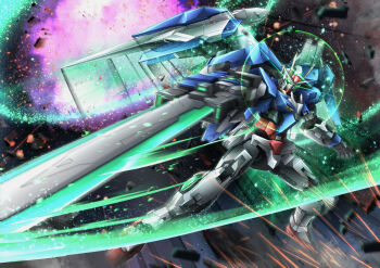 00_gundam 00_raiser arm_blade battle commentary explosion glowing glowing_eyes gn_drive gn_sword gundam gundam_00 highres holding holding_sword holding_weapon light_particles looking_at_viewer mecha mobile_suit no_humans robot science_fiction solo space sparks sword troy_(oxaa01ex) v-fin weapon