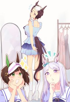 3girls alternate_costume animal_ears bare_shoulders blue_dress blush bow bowtie brown_hair clothes_rack commission dress dress-up ear_bow ear_covers earrings flying_sweatdrops frilled_dress frills from_behind green_eyes hair_between_eyes hat high_heels highres horse_ears horse_girl horse_tail ines_fujin_(umamusume) jewelry long_hair looking_back mejiro_mcqueen_(umamusume) mejiro_ryan_(umamusume) mirror mocam4id multicolored_hair multiple_girls pleated_dress puffy_short_sleeves puffy_sleeves purple_bow purple_bowtie purple_eyes purple_shirt sailor_collar school_uniform shirt shoes short_hair short_sleeves side_ponytail sidelocks single_ear_cover sleeveless socks tail tracen_school_uniform two-tone_dress two-tone_hair umamusume visor_cap white_hair white_hat white_shoes white_socks