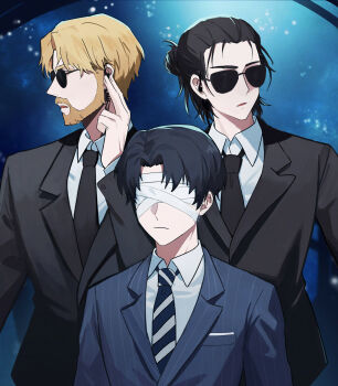 3boys bandages bandages_over_eyes beard black_jacket black_necktie black_suit blue_jacket brothers commentary contemporary diagonal-striped_clothes diagonal-striped_necktie eren_yeager facial_hair formal_clothes hair_bun half-siblings height_difference highres jacket levi_(shingeki_no_kyojin) male_focus multiple_boys necktie shingeki_no_kyojin siblings single_hair_bun striped_clothes striped_jacket suit suit_jacket sunglasses symbol-only_commentary toubun_teikou vertical-striped_clothes vertical-striped_jacket zeke_yeager